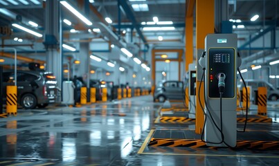 Electrifying Industries, Powering Commercial Vehicles at Factory EV Charging Station - obrazy, fototapety, plakaty