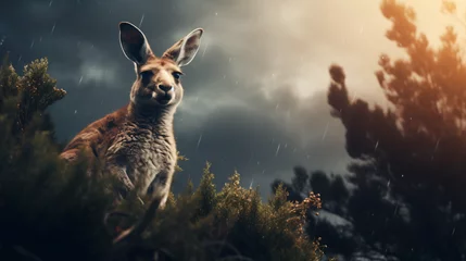 Tuinposter Furry Australian kangaroo sits on hill top looking  © Cybonix
