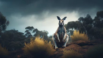Selbstklebende Fototapeten Furry Australian kangaroo sits on hill top looking  © Cybonix