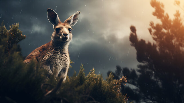 Furry Australian kangaroo sits on hill top looking 