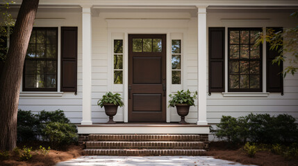 Brown Wood Front Door of a White Siding Southern Ho