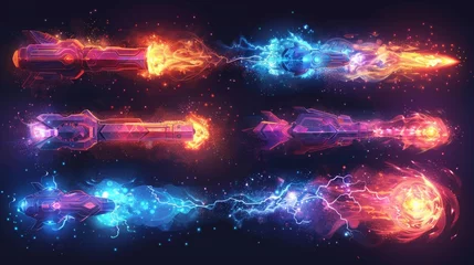 Poster Modern cartoon set of alien weapons attack effect with plasma rays, lightning, fireball and flash. Modern cartoon set of alien weapons attack effect. © Zaleman