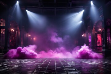 stylist and royal The dark stage shows, dark purple, multicolored background, an empty dark scene,...