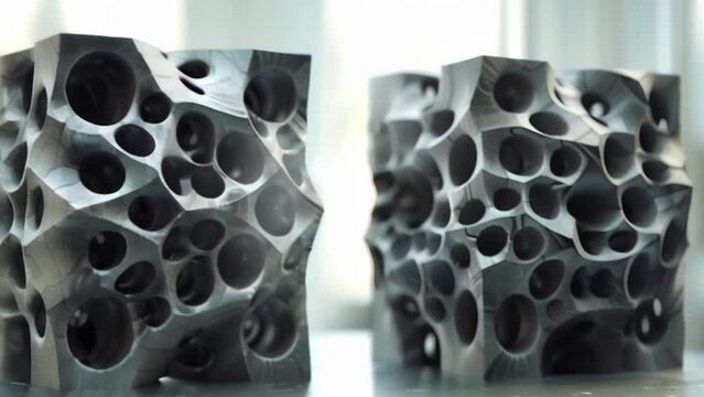 A blurry image shows two thick blocks of rubberlike material each with a unique geometric pattern carved into its surface. Despite their similar sizes the patterns are vastly