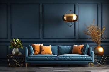 stylist and royal The interior has a sofa on empty dark wall background, space for text,...