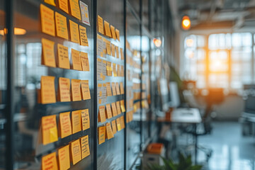 sticky note on brainstorming board at business office - obrazy, fototapety, plakaty
