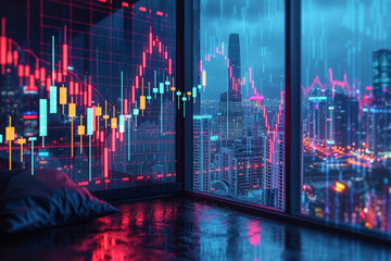 Stock market business concept with financial chart on screen and metropolis. Investment and trading background