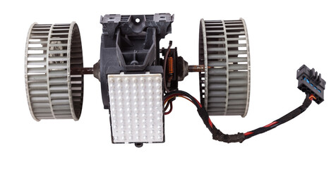 Heater fan - spare part and element of car air conditioning system on white isolated background. Auto service industry. Spare parts catalog.