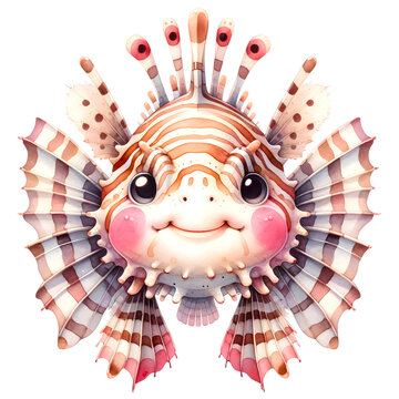 recommend clip art: Lionfish Sea animal smiling happily watercolor clipart. Nursery animals theme.