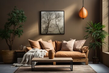 stylist and royal Warm and cozy interior of living room space with brown sofa, pouf, beige carpet,...