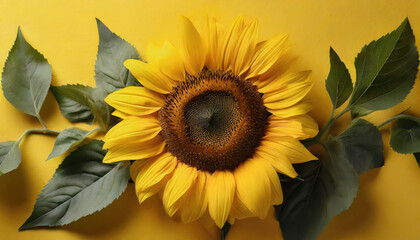 Sunflower head against yellow background
