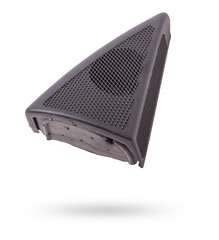speaker of an acoustic system - an audio for playing music in a car interior on a white isolated background in a photo studio. Spare parts for auto repair in a workshop or for sale for tuning