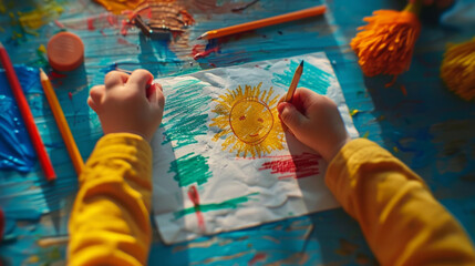 Obraz premium A child is deeply engaged in drawing a colourful picture of the sun with crayons on a bright, sunny day, surrounded by art supplies like coloured pencils and paint brushes on a blue surface.