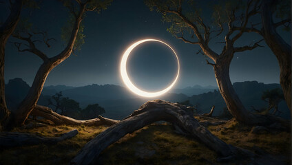 Photoreal 3D Product Presentation theme as Eclipse Enigma Concept As A surreal landscape featuring an eclipse, with the corona effect creating a halo over an ancient tree., Full depth of field, clean  - obrazy, fototapety, plakaty