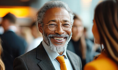 Smiling senior businessman in eyeglasses looking at camera with colleagues in background. - 763038510
