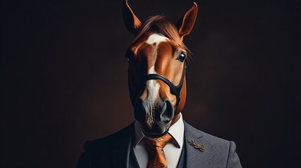Head of horse put on human body in classic brown suit