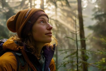 young female hiking or pacifist hiking and resting in a forest - obrazy, fototapety, plakaty