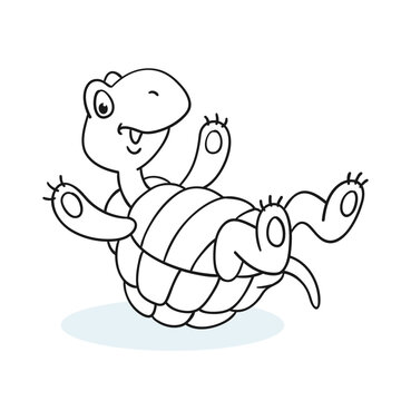 Funny little turtle lies on its back. Black and white outline picture. Isolated on white background. For coloring book.