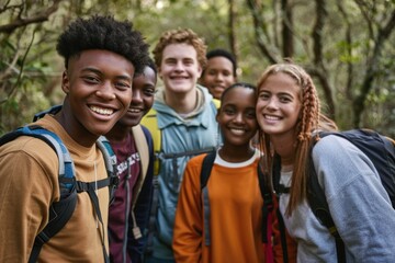 eight young people smiling on the trail in the woods