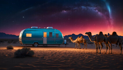 Photoreal 3D Product Presentation theme as Midnight Mirage Concept As A desert scene with a vibrant aurora borealis display, featuring a caravan of camels resting under the celestial show., Full depth - obrazy, fototapety, plakaty