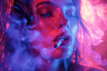 portrait of a beautiful girl relaxing and smoking a cannabis joint of marijuana with neon lighting - obrazy, fototapety, plakaty