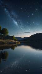 Photoreal 3D Product Presentation theme as Starry Ambition Concept As A serene lakeside landscape under a star-filled sky with a lone figure gazing up, reflecting on future aspirations., Full depth of