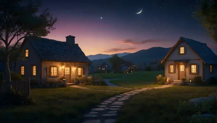 Poster Photoreal 3D Product Presentation theme as Twilight Tranquility Concept As A peaceful village with warm lights twinkling in cottages, contrasted against a cool, starry night backdrop., Full depth of f © Gohgah