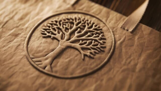 A charming logo of a tree within a circle printed using environmentallyfriendly ink on a sleek paper bag promoting the companys eco packaging choices.