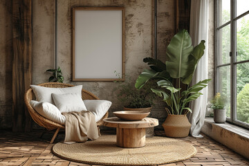 Fototapeta na wymiar Contemporary Living Room Interior with Window, Furniture, and Plant