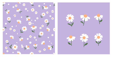 Seamless pattern with daisies and small white flower on purple background. Daisy icon set on purple background vector.