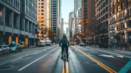 A cyclist commuting through a bustling city street lined with modern architecture