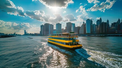 A commuter ferry crossing a sparkling river with a city skyline in the background