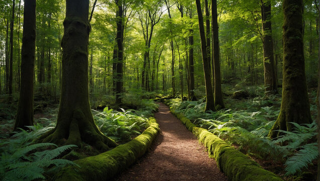 A photo of a lush green moss covered forest with a path running through it and sunlight shining through the trees.