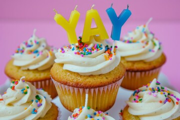 Close up of a stack of yellow cupcakes with white frosting and sprinkles on a pink background. Top cupcake features letter-shaped candles spelling out the word "YAY.