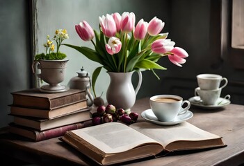 Obraz na płótnie Canvas still life with tulips and book, a cup of coffee with vase of tullips on table