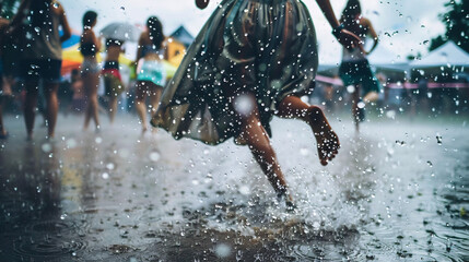 summer music festival-goer dancing in the rain at a summer music festival