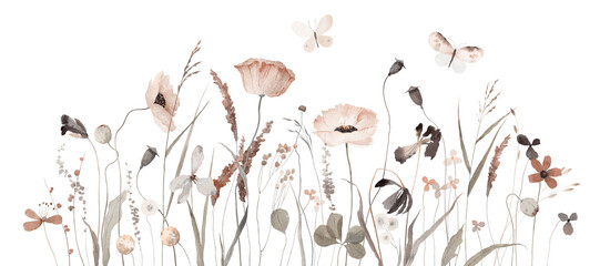 Summer meadow. Vintage watercolor flowers horizontal border isolated on white background. Illustration for card, border, banner or your other design.