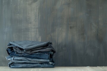 two stacks of blue jeans against a gray background - obrazy, fototapety, plakaty