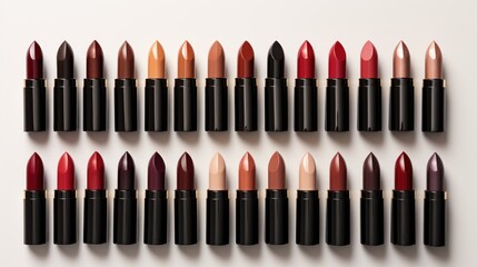 Naklejka premium Multicolored lipsticks stand in a row on a light background. The concept of beauty, makeup, femininity, advertising.