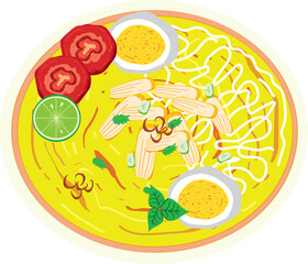 Indonesian food called soto ayam with pieces of chicken, noodles and boiled egg vector illustration