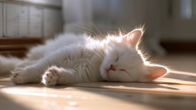 Cute White Cat Sleeping Wooden Floor, Banner Image For Website, Background, Desktop Wallpaper