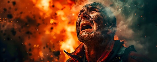 Brave Fireman's Desperate Fight Against an Inferno of flame - obrazy, fototapety, plakaty