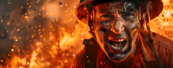 Angry Firefighter in Action: A Heroic Struggle Against Intense Flames