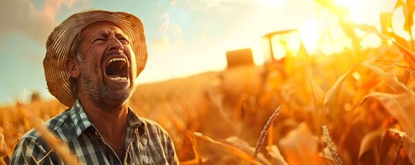 Screaming Farmer Laughing in Golden Cornfield during Harvest Season - obrazy, fototapety, plakaty