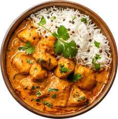 Chicken curry with rice traditional indian food isolated.