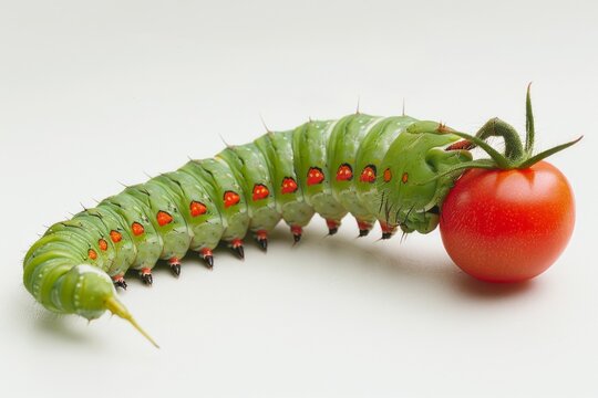 Close-up of a tomato hornworm on a white background
