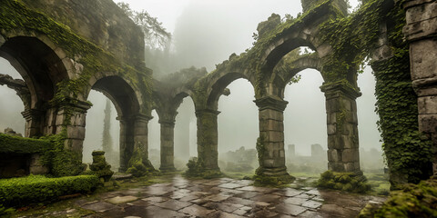 Mist-Clad Ruins. The remnants of an ancient castle, shrouded in mist. - 763040922