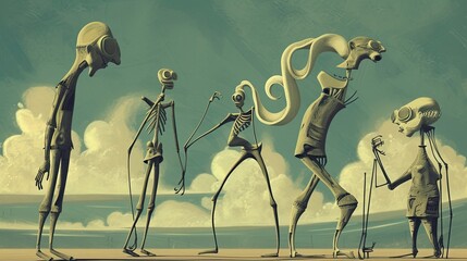 Abstract illustration of distorted human figures with elongated limbs, mutation, two heads, deformed body, humanoid entities, aliens, extraterrestrials. Generative by AI