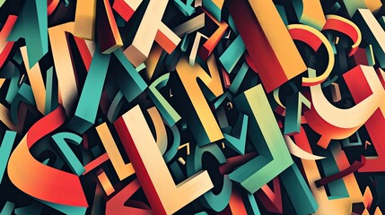 Abstract illustration of distorted, messy, sloppy typography, graffiti. Flat style, illusion of volume, varied color palette, English letters. Street style concept. Generative by AI