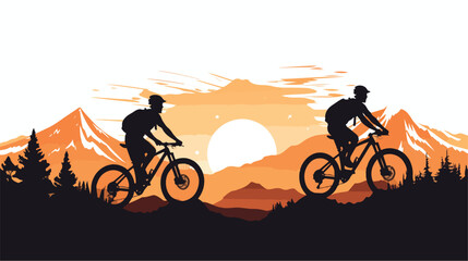Mountain bikers silhouette in sunset flat vector 